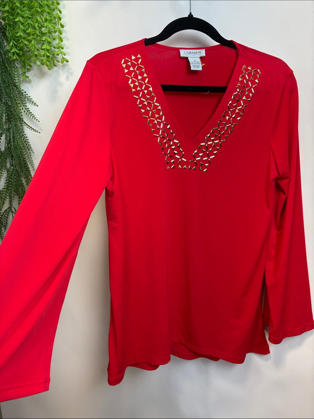 Carmen Marc Valvo Bright Red Long-Sleeve V-Neck Top with Gold Stud Detail